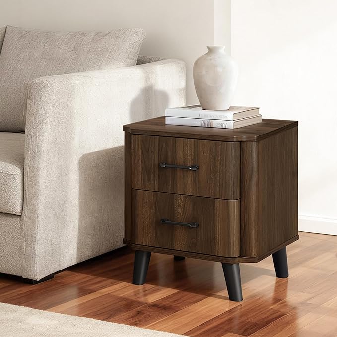 LuxenHome Mid Century Modern Nightstands Set of 2, 20" Walnut Night Stand with Curved Edge, Dark Brown Nightstand with Drawers, Boho Bed Side Tables Bedroom, Storage End Tables Living Room, 2PCs