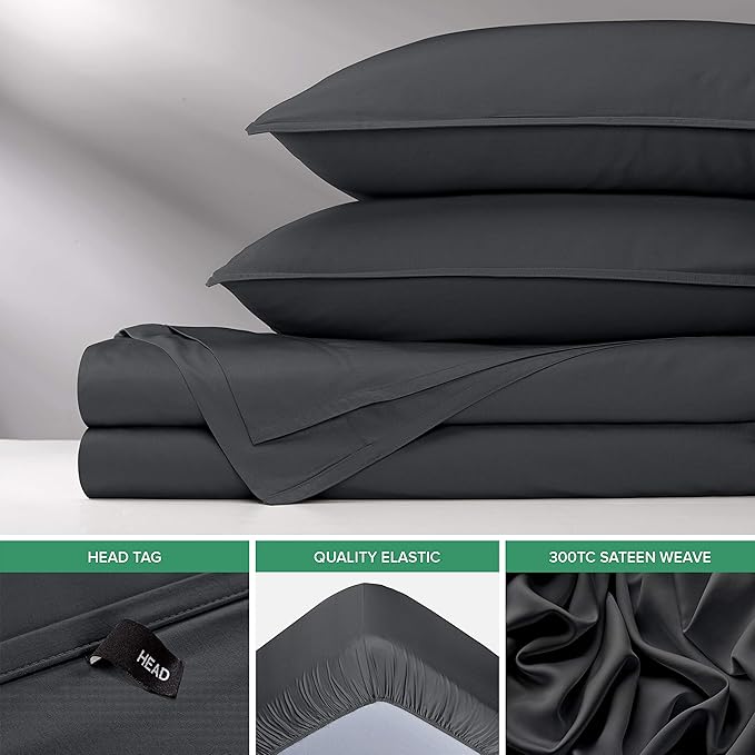 Pure Bamboo Split King Sheets, Genuine 100% Organic Viscose Derived from Bamboo Bed Sheet Set, Soft & Cooling, Double Stitching, 2 Fitted Sheets (Split King, Charcoal)
