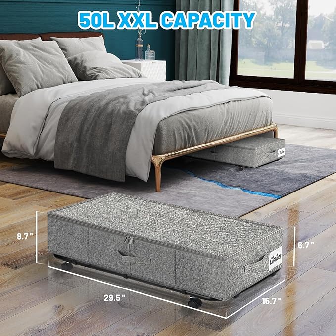 Large Sturdy Under Bed Storage with Wheels, 2 Pack 50L Rolling Underbed Storage Bins, Under Bed Containers Drawer with Metal Bottom Support, Bedroom Organizer with Lids for Clothes, Shoes, Blankets