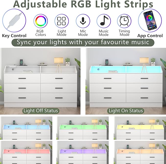 6 Drawer Dresser with Power Outlet, Chest of Drawers with LED Light, Modern Dresser with Open Storage Cubby, Double Wide Dressers Organizer for Bedroom, Living Room, Entryway, Hallway