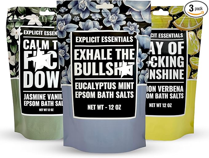 Explicit Essentials Bath Salts Gift Set | 3 Relaxing Epsom Salt Bath Soaks | Aromatherapy Epsom Salt Variety Pack for Stress Relief, Relaxation & Self-Care Gifts