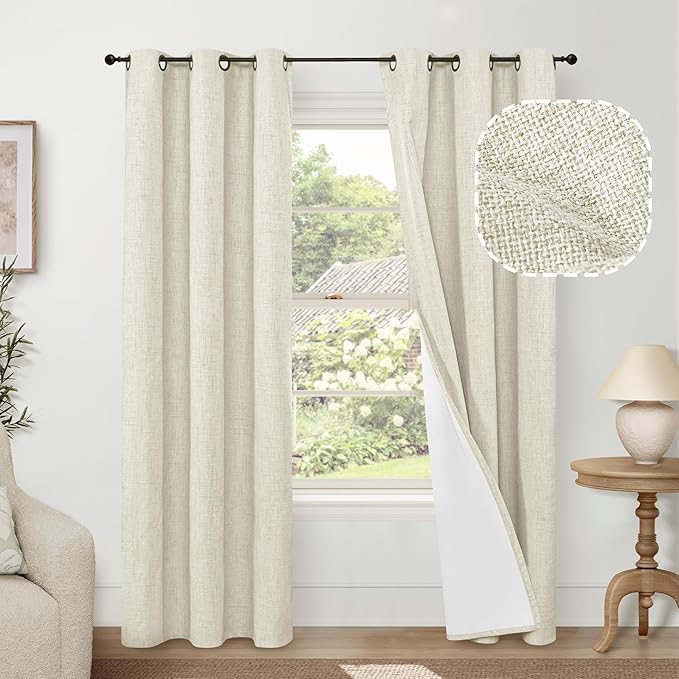Linen Blackout Curtains for Living Room Narrow Window, Thermal Insulated Complete Light Blocking Privacy Soundproof Small Curtains for Bedroom, Each 38 Inch Wide 80 Inch Length 2 Panels, Natural