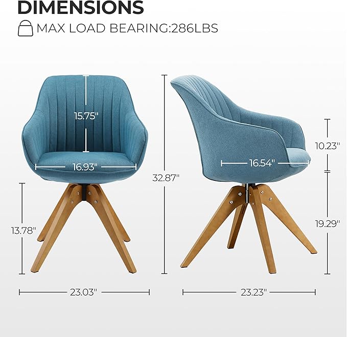 Zouron Mid Century Modern Swivel Accent Chair, Vanity Chair with Wooden Legs, Upholstered Arm Chair No Wheels, Accent Side Chair for Small Space Home Office Living Room Bedroom, Azure