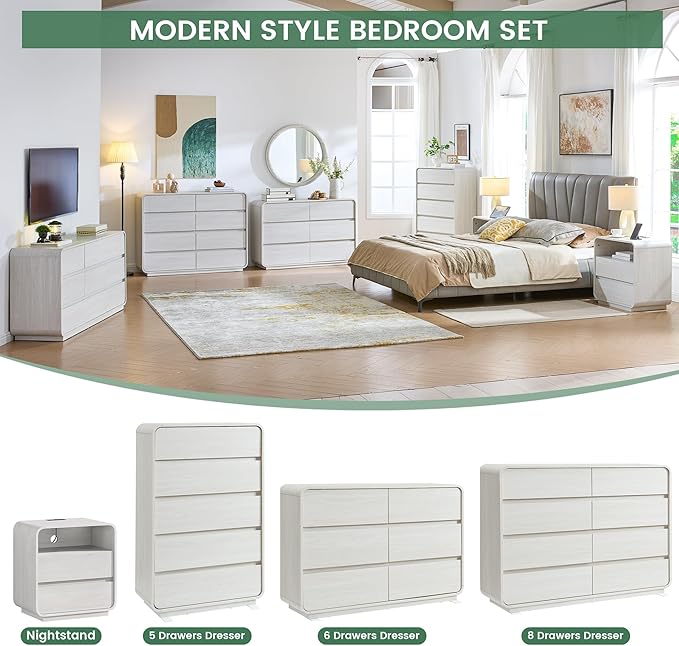 47’’ Wide Dresser with 8 Drawers, White Chest of Drawers with Deep Drawers & Handleless, Wooden Storage Organizer for Bedroom, Living Room, Hallway
