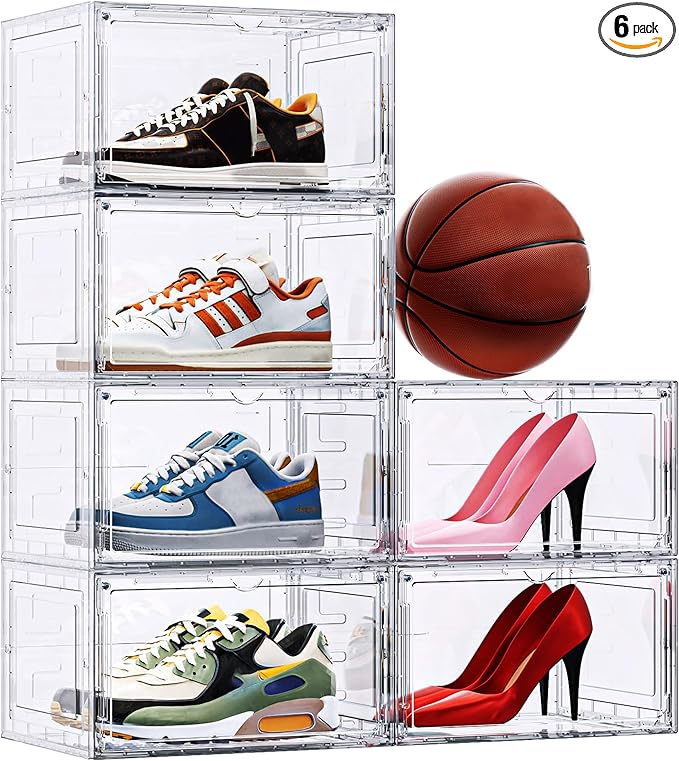6 Pack XX Large Shoe Organizer, Heavy-Duty Hard Thicken Plastic Clear Stackable Shoe Storage Box Organizer for Closet, Space-Saving Shoe Rack Display Case Bin Containers for Sneakers, Clear