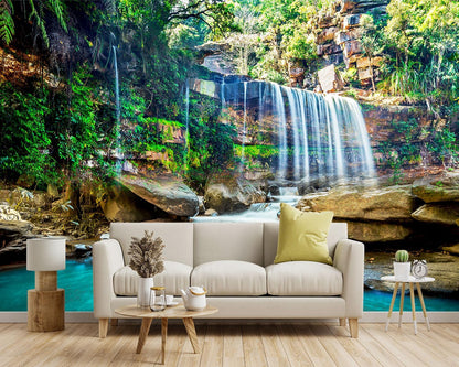 -Green Lake Waterfall Scenery Fabric Wallpaper Living Room Woodland Forest Mountain Bedroom Bathroom Wall Mural- 91"x65"（ not Peel and Stick）