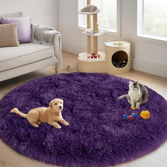 Round Purple Rug for Bedroom, 4 ft Circle Area Rugs for Living Room, Soft Fluffy Shag Carpet for Teen Girls Boys Nursery Room Dorm Home Decor Aesthetic