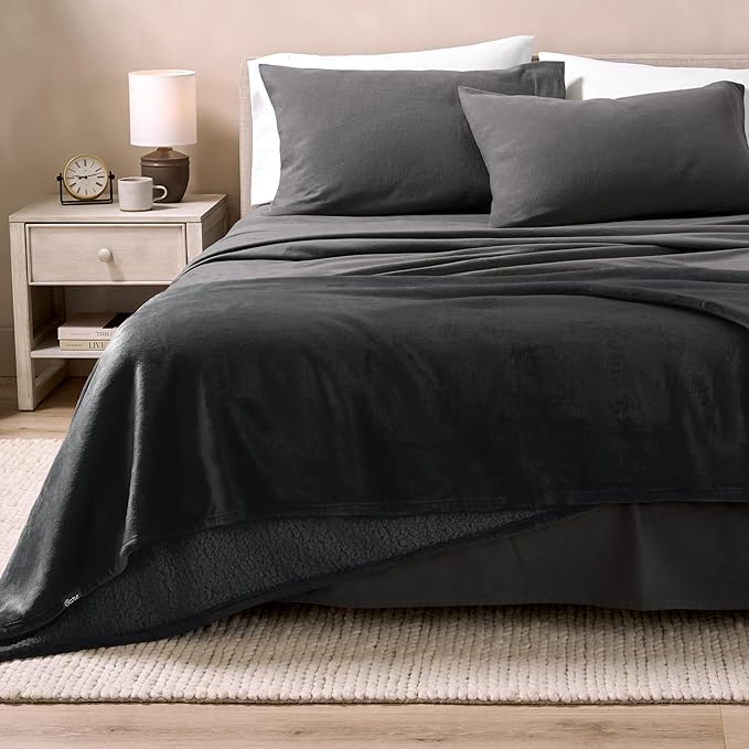 Bare Home Sherpa Fleece Blanket - Full/Queen Size - Blanket for Bed, Sofa, and Couch - Warm & Lightweight - Fluffy & Soft - Reversible (Full/Queen, Black with Black Sherpa)