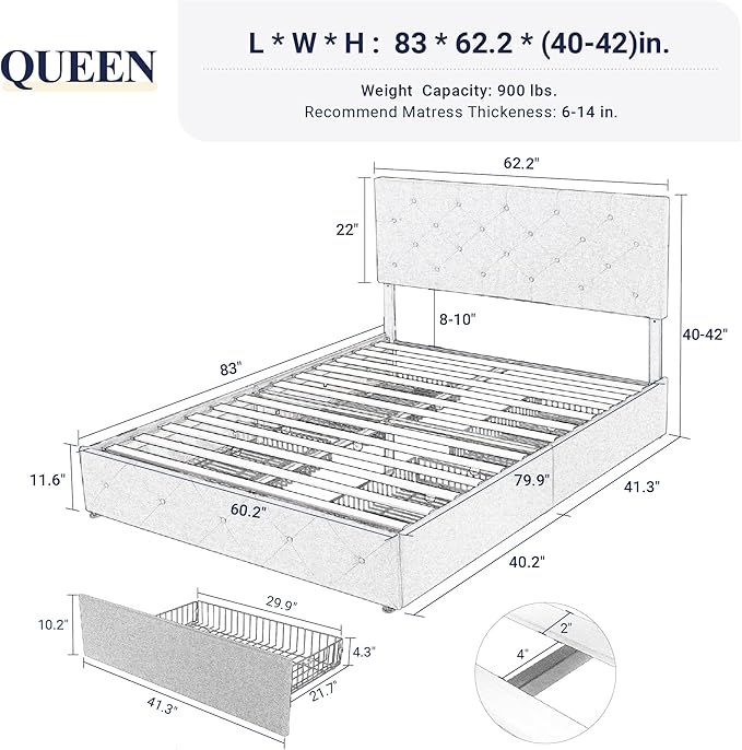 Allewie Upholstered Queen Size Platform Bed Frame with 4 Storage Drawers and Headboard, Diamond Stitched Button Tufted Mattress Foundation with Wooden Slats Support, Light Grey