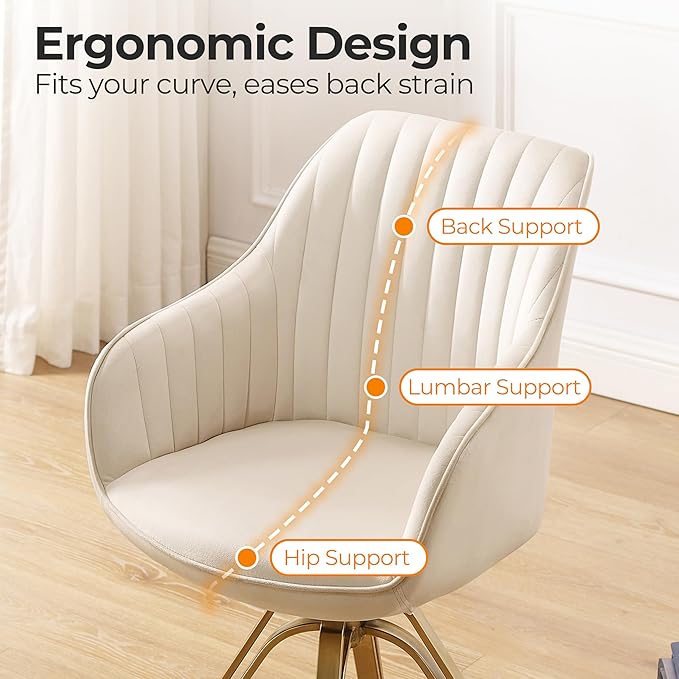 Zouron Mid Century Modern Swivel Accent Chair with Gold Metal Legs, Upholstered Swivel Chair No Wheels, Side Accent Arm Chair Vanity Chair for Small Space Home Office Living Room Bedroom, Off White