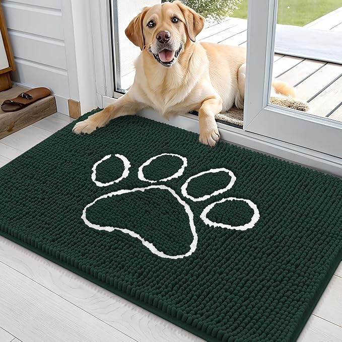 OLANLY Dog Door Mat for Muddy Paws 36x24, Paw Print Design, Absorbs Moisture and Dirt, Absorbent Non-Slip Washable Doormat, Quick Dry Chenille Mud Mat, Entry Indoor Entryway Carpet, Blackish Green