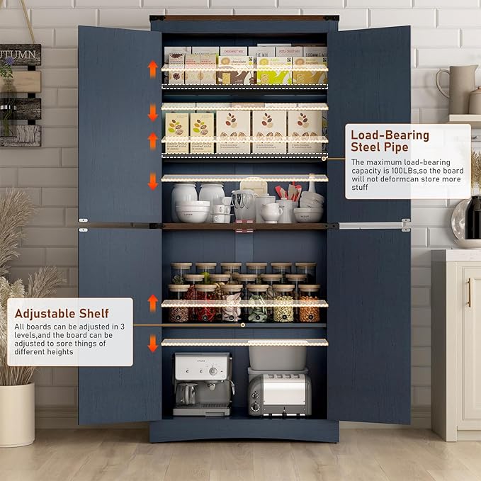 71" Tall Kitchen Pantry,Farmhouse Storage Cabinet with Adjustable Shelves,Load-Bearing Steel Pipe,Farmhouse Pantry Cabinet with 4 Barn Doors,for Kitchen,Dining Room,Living Room(Blue)