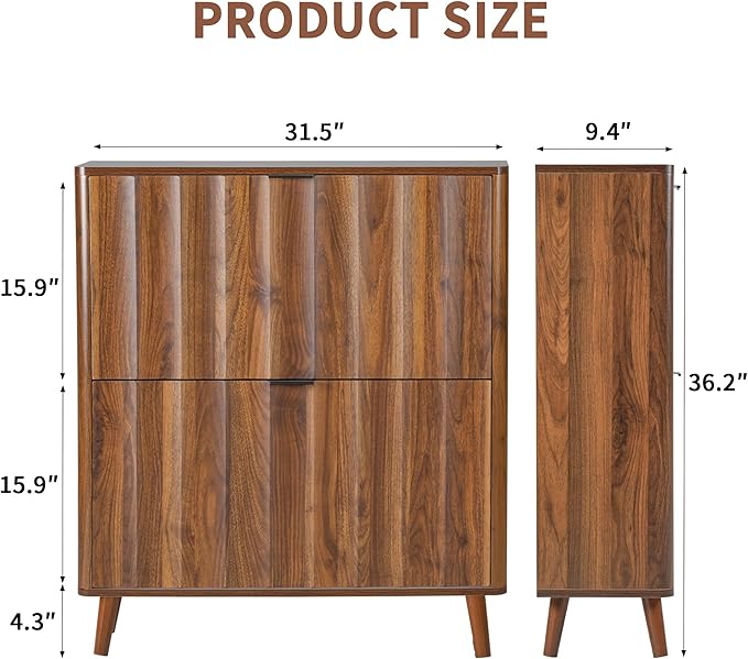 31.5” Fluted Shoe Cabinet Storage with 2 Flip Drawers,Narrow Freestanding Shoe Storage Organizer,Slim Shoe Rack Cabinet for Entryway,Hallway (Walnut)