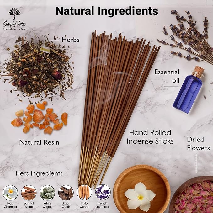 Simply Vedic Signature Incense Sticks Gift Set | 120 Natural Hand-Rolled Non-Toxic Agarbatti with Holder | Sandalwood, Nag Champa, Oudh, Palo Santo, Lavender, Sag | Aromatherapy Meditation Pooja Home