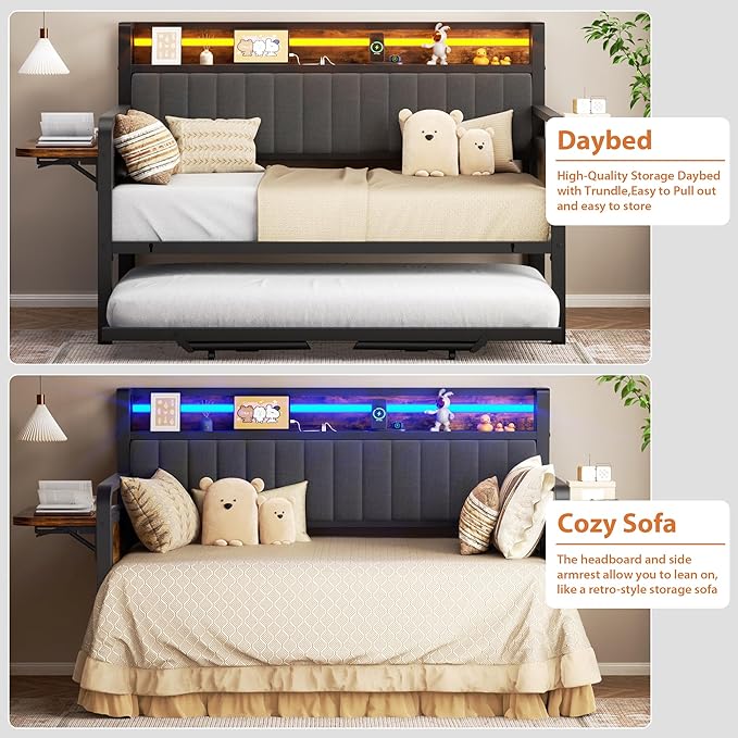 Daybed with Trundle, Twin Trundle Bed Frame - Metal Day Bed with LED Lights, Upholstered Storage Headboard & Charging Station, Pop Up Sleeper, Modern Design for Living Room and Guest Room-Brown