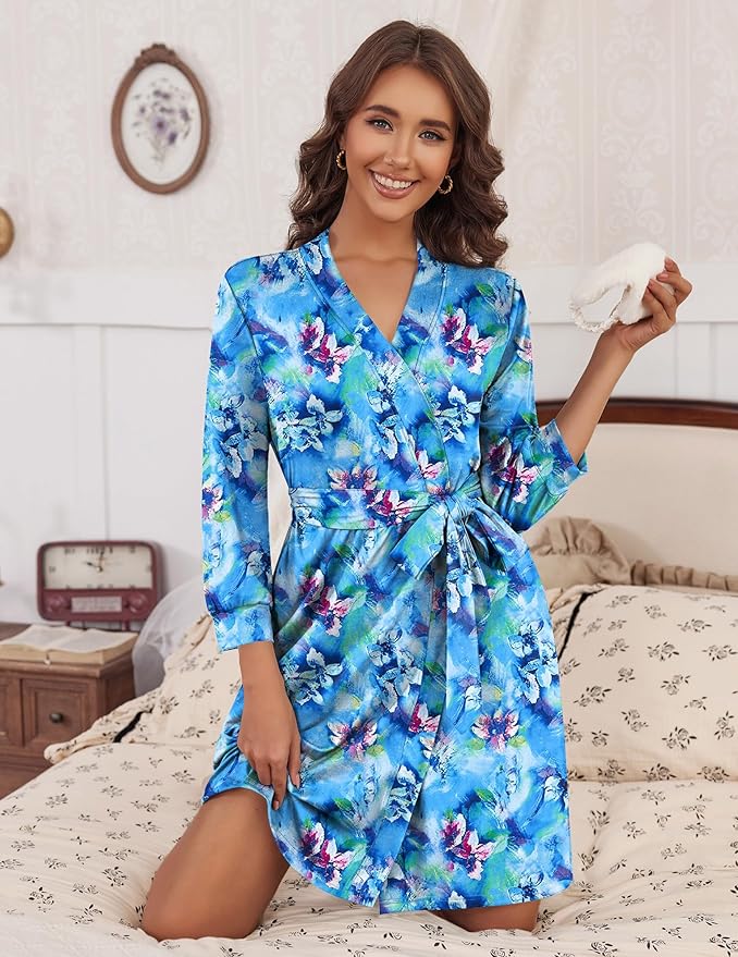 HOTOUCH Womens Robe Lightweight Short Knit Bathrobe Soft Ladies Sleepwear with Pockets