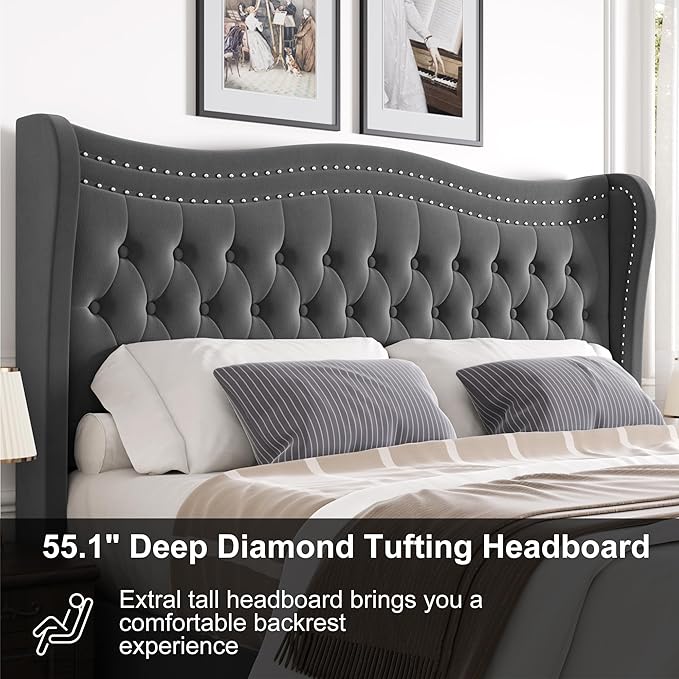 Upholstered King Size Bed Frame with Tall Headboard, Velvet Wingback Platform Bed Frame with Deep Button Tufted, No Box Spring Needed, Noise Free, Grey