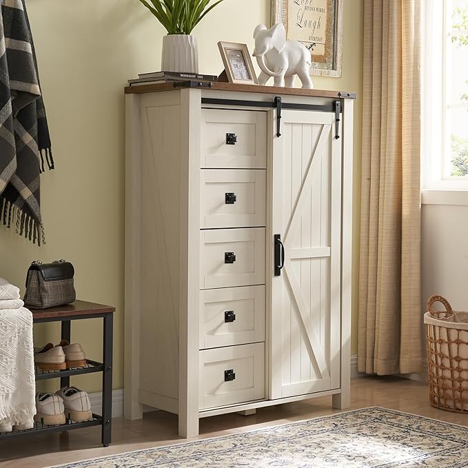 T4TREAM 5 Drawers Dresser for Bedroom w/Sliding Barn Door, Farmhouse Modern Tall Dresser 5 Chest of Drawers, Storage Organizer for Bedroom, Hallway, Living Room, Kids Room, Antique White