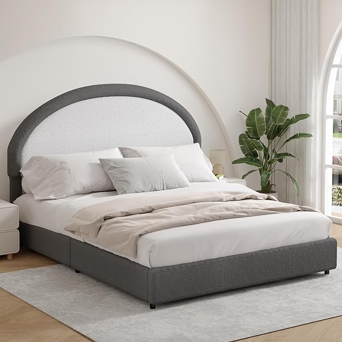 Queen Bed Frame, Boucle Upholstered Platform Bed Frame with Headboard, Grey Bed Frame, Soft Rounded Corners, No Box Spring Required, Easy Assembly