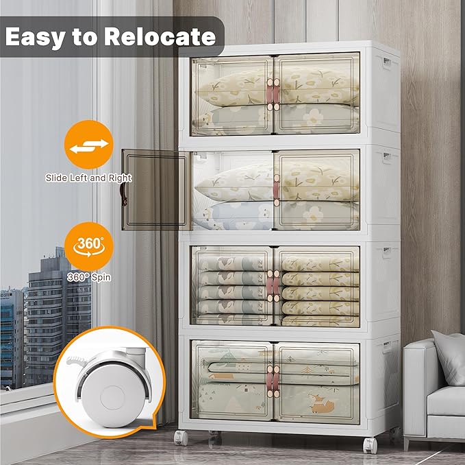 Extra Large Stackable Storage Bins with Lids & Wheels & Door, 1280QT-160QT/40GAL*8Pack Foldable Collapsible Closet Organizers, Plastic containers drawers for bedroom Dorm