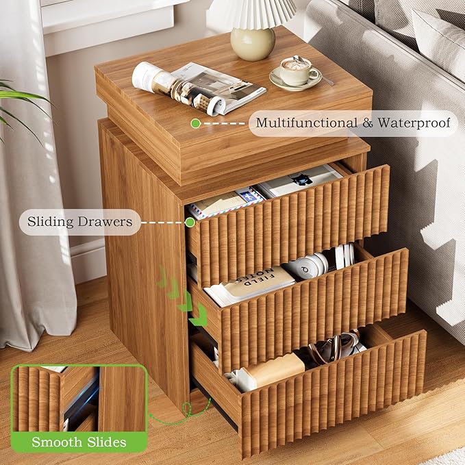 Nightstand with Charging Station & LED Lights, Small Modern Fluted Bedside & End Table with 3 Drawers, Sliding Top & Hidden Storage, Wooden Farmhouse Night Stand for Bedroom Office or Sofa, Walnut