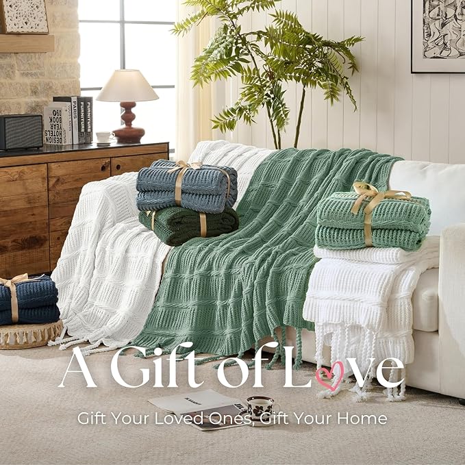 Boho Knitted Chenille Blanket with Tassels - Lightweight & Soft All-Season Throw - 3D Classic Pattern for Living Room Bedroom Couch, Cloud White, Throw 50"x60"