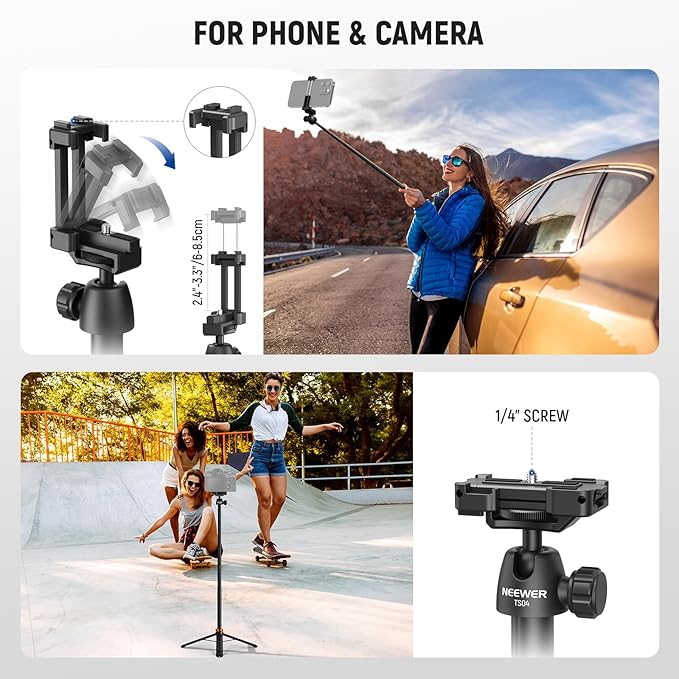 NEEWER BASICS 59"Selfie Stick Tripod Compatible with iPhone & DLSR Camera, Small Metal Compact Portable Travel Desk Stand with Remote Ball Head 2in1 Cell Phone Holder Mount for Video Recording Filming