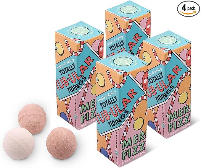 Dabble & Dollop Totally Tub-ular Tidings Merry Fizzfest Mini Bath Bombs Stocking Stuffer - Holiday Gift Set of Three Fizzy Natural Bath Bombs for Kids (Pack of 4)