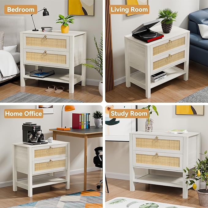 White Night Stand Set of 2 with 2 Drawers and Storage Shelf, 26” Tall Boho Nightstand, Wood Large Bedside Table for Bedroom, Side Table, White