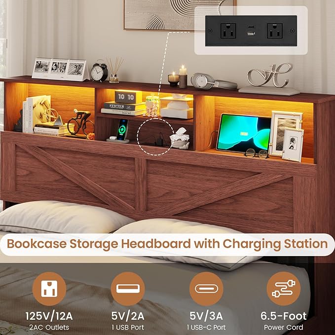 VIAGDO Farmhouse Bed Frame Queen Size with Bookcase Storage Headboard, Charging Station and LED Lights, Wooden Queen Bed Frame with 4 Drawers, Barn Door Design, No Box Spring Needed, Reddish Brown