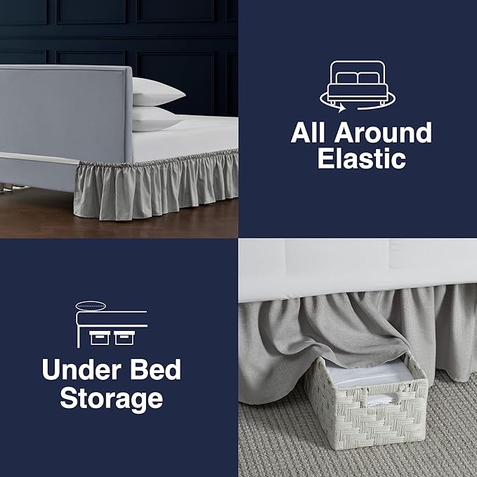 Bed Skirt Queen Bed Skirt Wrap Around Ruffled Box Spring Cover, Easy Install, Washable 15" Drop Elastic Dust Ruffle by Casual Living, 60-inch x 80-inch, Grey