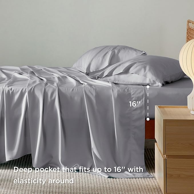 Bedsure King Size Sheet Set, Cooling Sheets King, Rayon Derived from Bamboo, Deep Pocket Up to 16", Breathable & Soft Bed Sheets, Hotel Luxury Silky Bedding Sheets & Pillowcases, Silver Grey