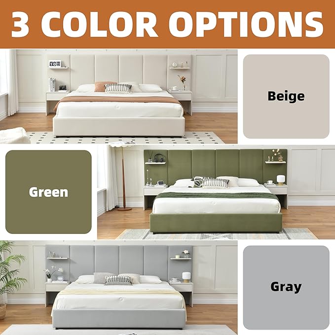 King Bed Frame with Storage & Built-in Nightstands, Velvet Upholstered Platform Bed Frame with Drawers & 2 Floating Storage Shelves, Noise-Free, No Box Spring Needed, Easy Assembly, Gray