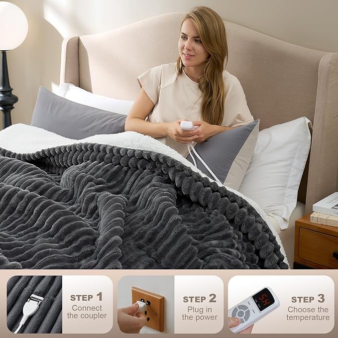 Hansleep Heated Blanket Electric Blanket Twin, Heating Throw with 9 Heating Levels and 10-Hour Timer Auto Shut Off, Washable Soft Warm Winter Blanket, 62 x 84 Inches, Dark Grey