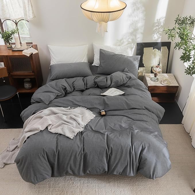 FOSSA Duvet Cover Set 100% Washed Cotton Linen Feel Super Soft Breathable Cozy 3 Pieces Bedding Sets Solid Dark Grey Oversized King Plus