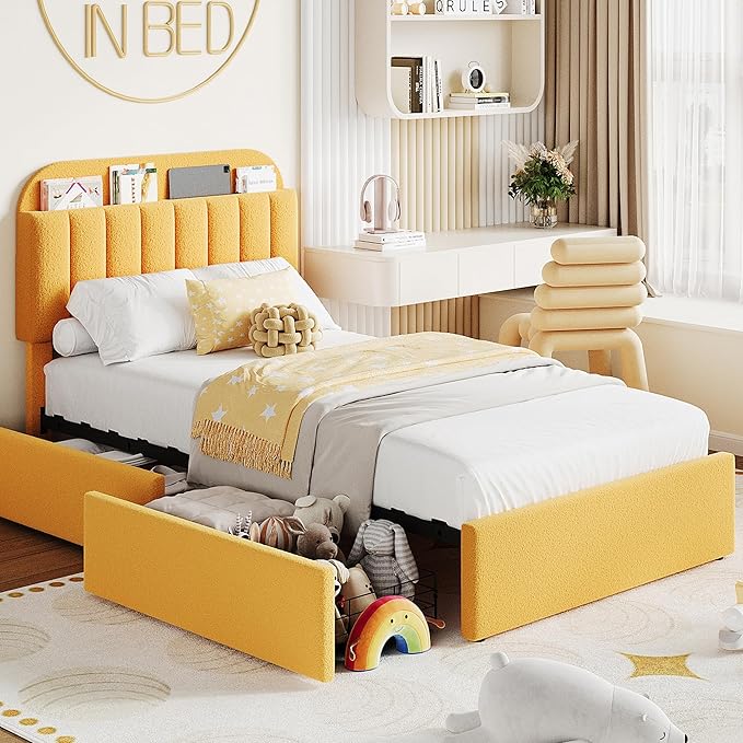 Jojoka Twin Bed Frame with Storage Headboard and 2 Drawers, Boucle Upholstered Platform Bed, Modern Girls Bed Frames for Rooms, No Box Spring Needed, Easy Assembly (Yellow, Twin)