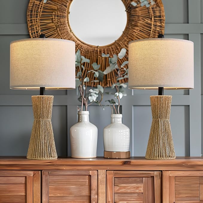 OYEARS 22.5" Table Lamps for Living Room,Boho Lamps Set of 2 for Bedrooms, Bedside Lamp for Nightstands, Rattan Lamp, Farmhouse Table Lamp for Room Decor, End Table, Retro, Brown（Not Include Bulbs）