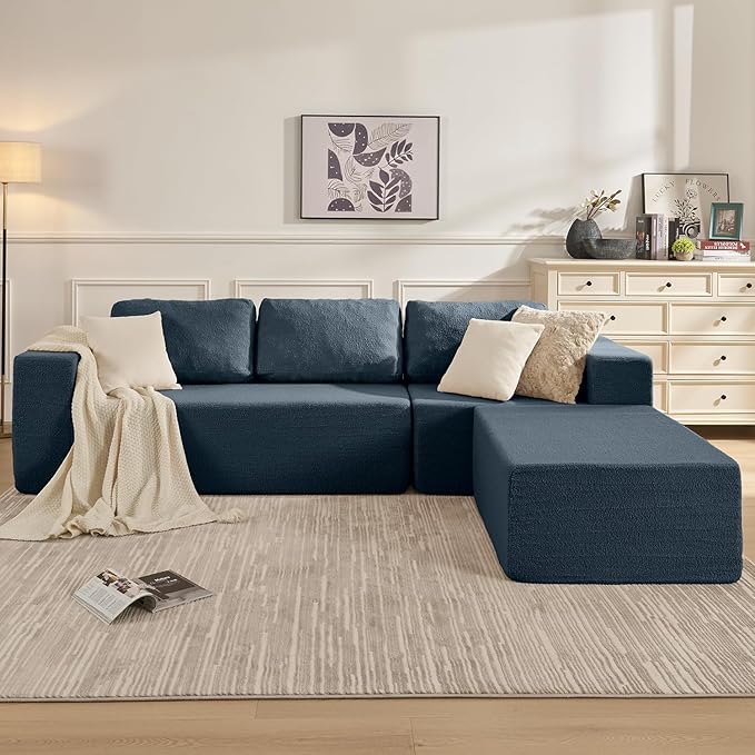 40" Single Sofa for Adults, Upholstered Floor Sofa Couch with Pillow, Teddy Boucle Sofa for Bedroom Living Room, No Assembly Required (Teddy Boucle, Blue)