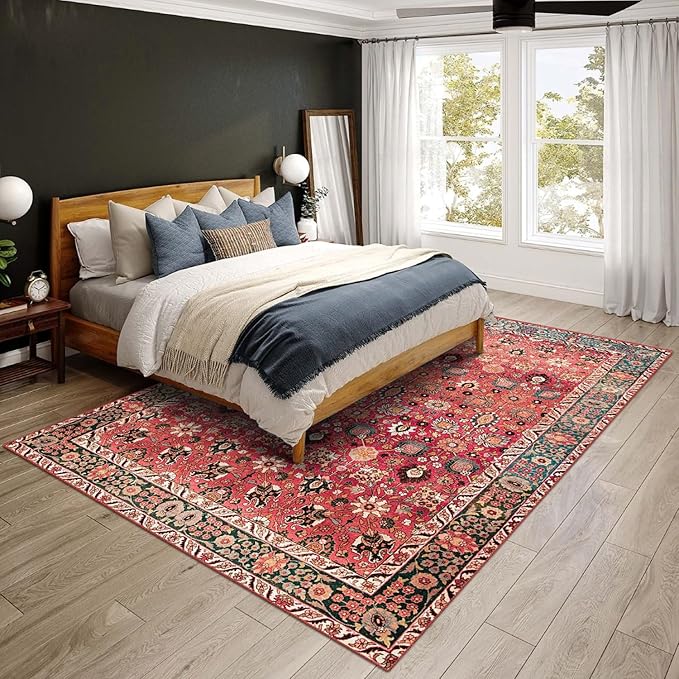 vivorug Washable Rug, Ultra Soft Area Rug 5x7, Non Slip Throw Rug, Stain Resistant Rugs for Living Room Bedroom Kitchen, Vintage Floral (Cherry Red/Spice, 5'x7')