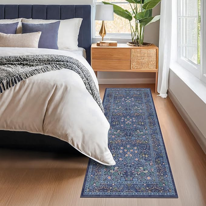Non Slip 2x5 Dark Blue Entryway Runner Rug - Washable Small Throw Rugs for Bathroom, Bedroom, Laundry Room, Hallway, Kitchen Floor Mat, Dusky Navy Vintage Oriental Décor