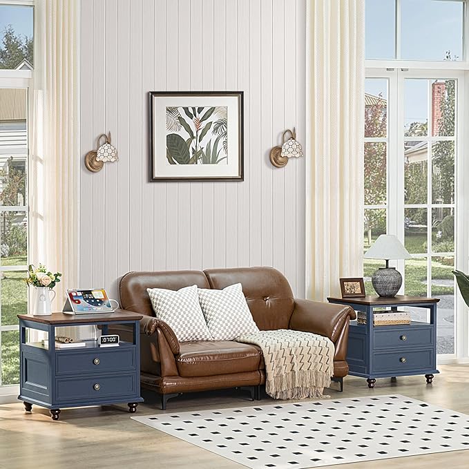 Farmhouse Furniture Set, Nightstands Set of 2 and 7 Drawers Dresser for Bedroom, 54 Inch Wide Wood Dresser and 24" Night Stands with Charging Station for Bedroom, Living Room, Hallway