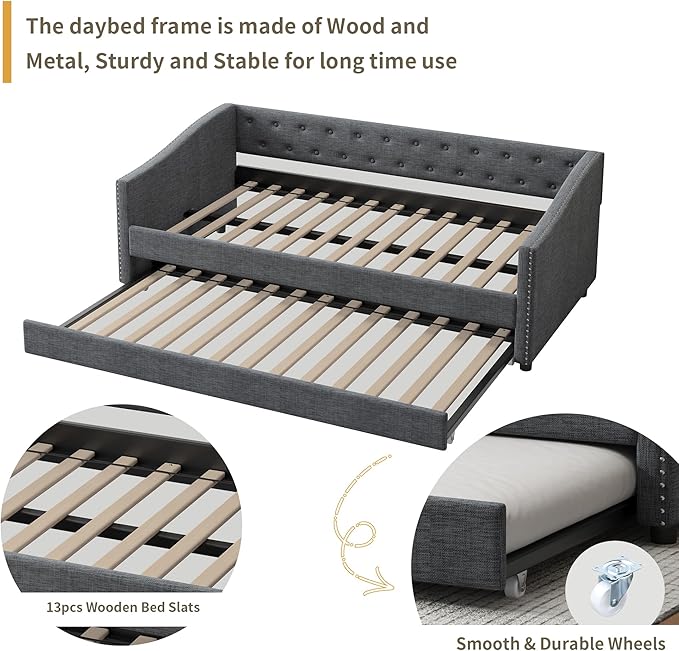 Favfurish Twin Size Daybed with Trundle Upholstered Day Bed Frame with Button Tufted Backrest and Nailhead Decorated Armrest for Living Room Bedroom,No Box Spring Needed,Dark Grey
