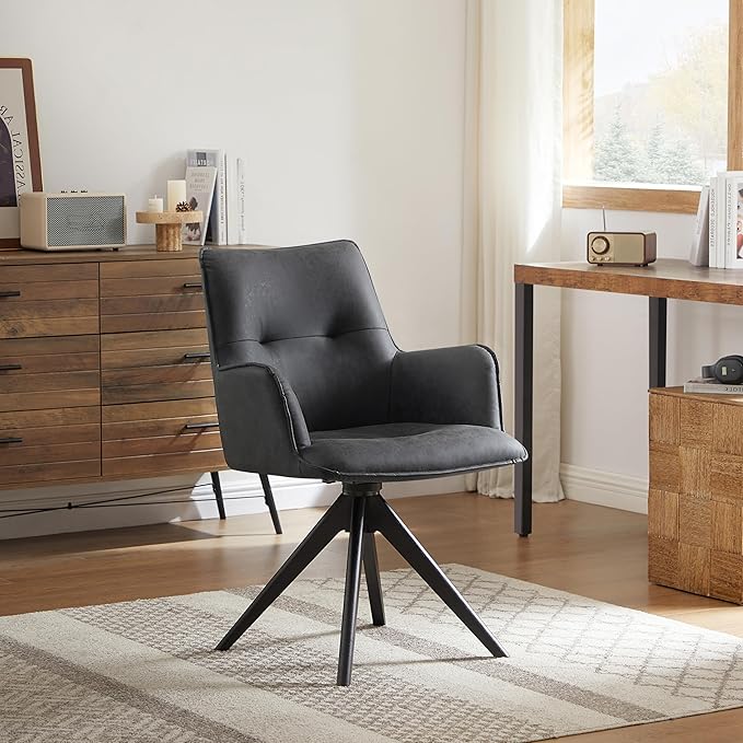 Art Leon Swivel Desk Chair - Faux Leather Upholstered Office Chair No Wheels, Mid Century Modern Armchair with Black Oak Wood Legs for Small Space Living Room Bedroom, Black