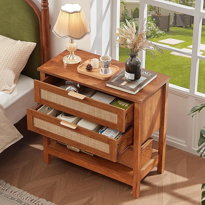 LEYAOYAO 31.5" Wide Rattan Night Stand, Oversized Large Boho Nightstand with 2 Drawer, Tea Brown Bed Side End Tables with Storage Shelf, Tall Bedside Table for Bedroom Living Room, Hallway