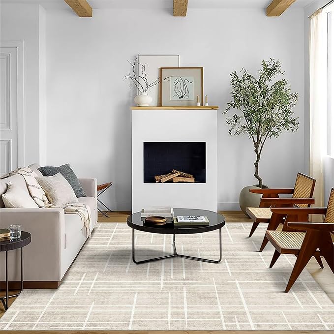 5x7 Area Rugs - Ultra-Thin Washable Rug with Non-Slip Backing, Ideal for Living Room, Bedroom, Kitchen Floor Beige Carpet - Modern Neutral Style, Easy Clean, Durable, Low Pile Rug