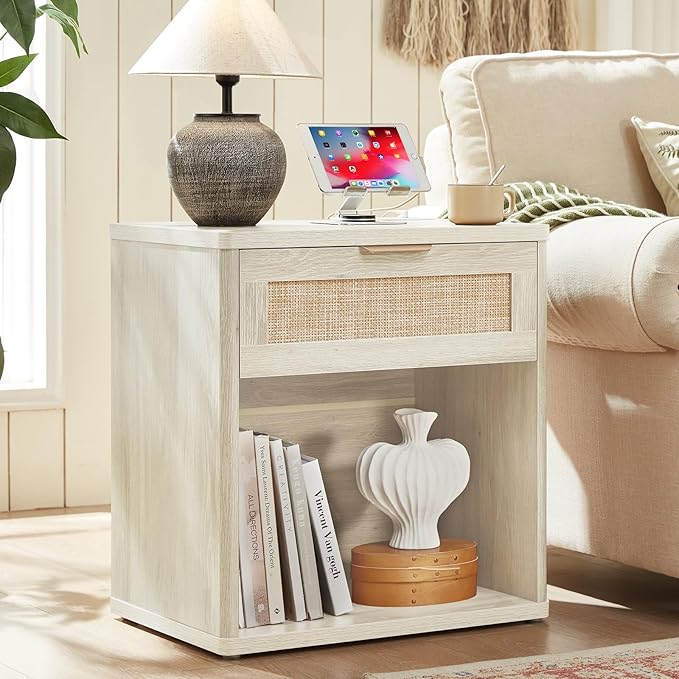 LEYAOYAO Rattan Dresser and Nightstand Set of 3, Boho Wood Dresser for Bedroom with 6 Drawers and Night Stand with Charging Station, Bedroom Furniture, Dressers & Chests of Drawers,Hallway,Living Room