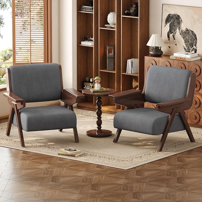 Mid Century Modern Accent Chair, Fabric Upholstered Lounge Arm Chair with Solid Wood Frame for Living Room, Bedroom, Office, Reading Corner (Gray, Single Chair)