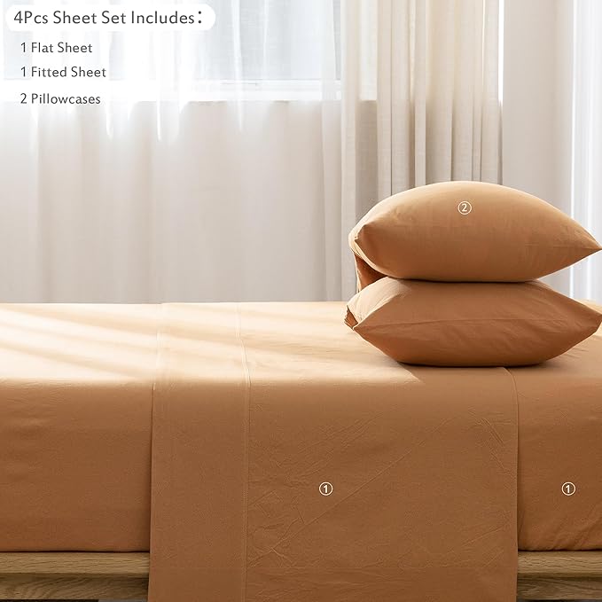 MooMee Bedding Sheet Set 100% Washed Cotton Linen Like Textured Breathable Durable Soft Comfy (Solid Burnt Orange, King)