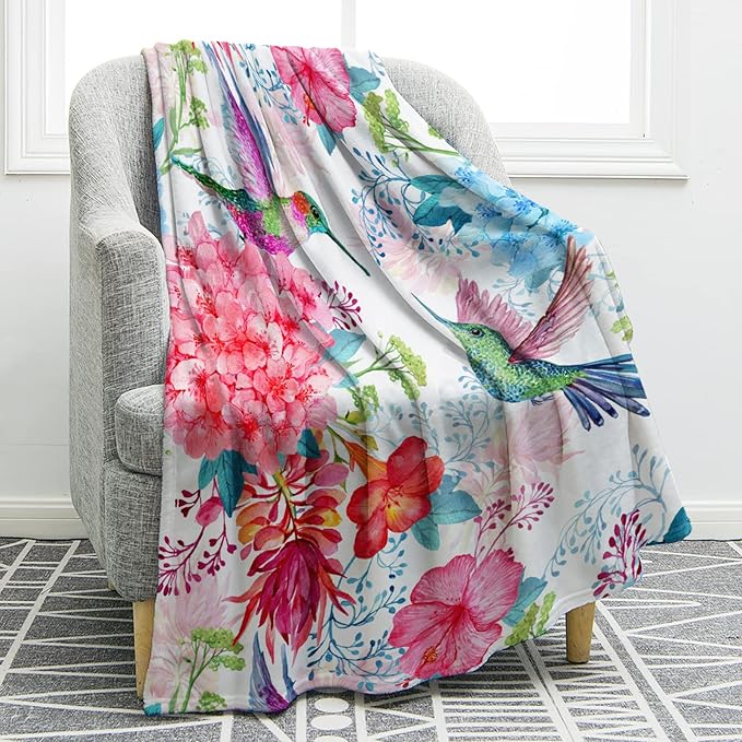 Jekeno Hummingbird Floral Blanket Bird Colorful Flowers Christian Blanket Birthday Christmas for Women Men Mom Wife Girls Bedroom Living Room Mother's Day Decor Plush Throw 60"x80"