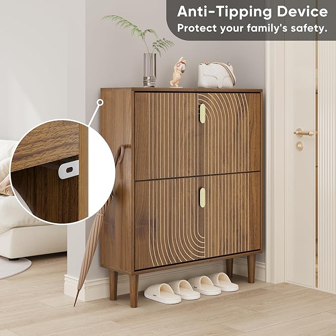Smuxee Shoe Cabinet with 2 Flip Drawers, 31.5" Walnut Hidden Shoe Storage Cabinet with Line Groove Design, Freestanding Shoe Organizer Cabinet for Hallway, Entryway, Living Room